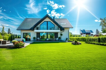 Beautiful modern cottage, country house and green lawn on the site. Burnt yard, concept of buying or selling house, construction of modern housing with landscaped territory
