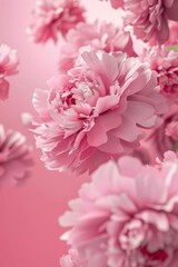 Floral spring background. Pink peonies flowers fly on pink background. Beautiful delicate floral mockup, 3D illustration. Beauty concept, holiday card