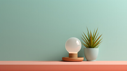 A contemporary style home decor of a plant in a pot next to a wooden sphere on a peach shelf against a mint background, product presentations	