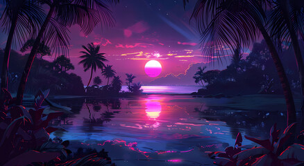 Neon vaporwave sunset with palm trees - obrazy, fototapety, plakaty