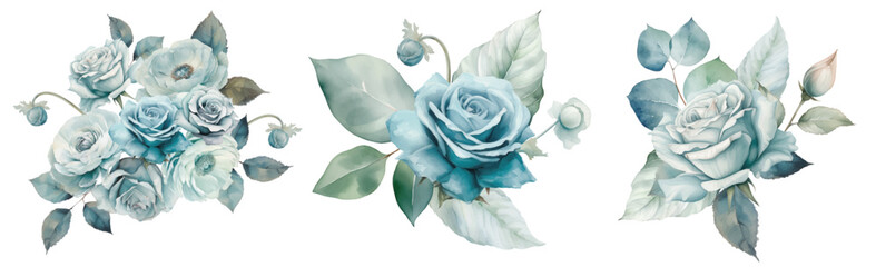 Set watercolor blue roses floral roses bouquet. Wedding concept a white background - 757304779