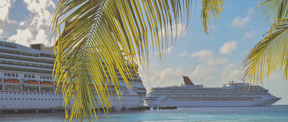 Family Caribbean cruising to tropical white sandy beaches islands paradise with modern cruiseship...