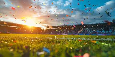 Vibrant confetti showers over a football stadium field at sunset