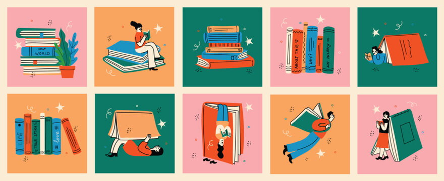 Book concepts set. Happy readers reading books and flying, laying , sitting everywhere. Flat trendy retro vector illustrations isolated on white background