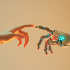Human and robot hand close up and copy space