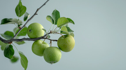 Branch with ripe green apples close-up and copy space