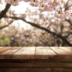 Product wooden background with flowering branches in spring out of focus