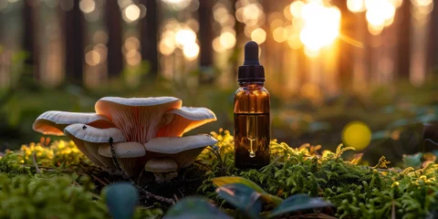 Foto op Canvas A tranquil forest scene at sunset featuring a glass dropper bottle next to natural mushrooms © smth.design