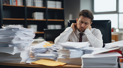 Male employee overwhelmed with documents and papers work in the office
