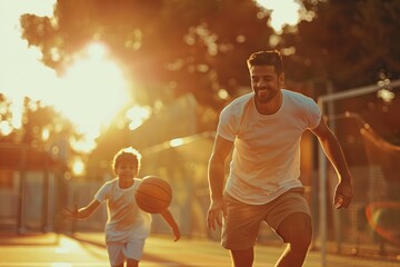 A man and a boy in shorts and hats are playing basketball under the sunlight on a court. They gesture happily amidst the trees, enjoying leisure and fun in nature. Recreation with people in nature - obrazy, fototapety, plakaty