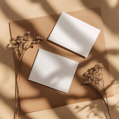 Blank White Cards and Dried Flowers on a Brown Background in Soft Natural Lighting