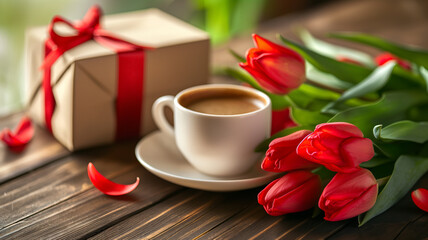 Fototapeta na wymiar Happy Mother's Day greeting card. Breakfast with coffee, flowers and a gift for mom