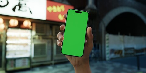 Man is holding a smartphone with a green screen against a urban nightscape - 757306117
