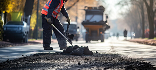 Male worker lays asphalt road repair road paving - obrazy, fototapety, plakaty