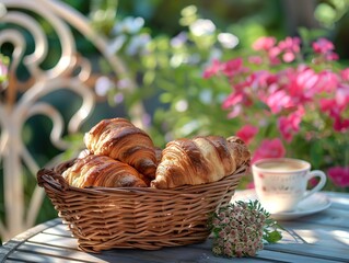 a basket of freshly baked croissants on a bistro table, outdoors on a sunny terrace