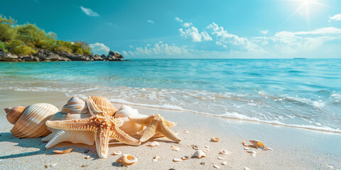 Fototapeta na wymiar Serene Beachfront with Starfish and Shells