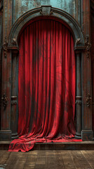 Elegant red velvet curtains draped in front of a vintage wooden door, creating a sense of mystery and luxury.