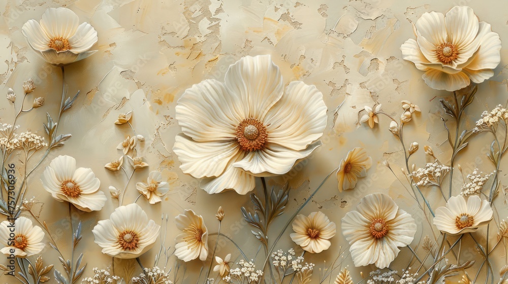 Wall mural oil textured 3d painting of spring flowers on canvas. beautiful abstract white and beige flowers. ma