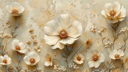 Oil textured 3d painting of spring flowers on canvas. Beautiful abstract white and beige flowers. Macro impasto painting...