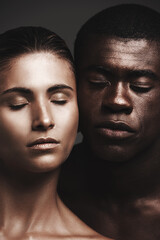 Interracial couple, glow or love in skincare, beauty or dermatology as health, support or wellness....