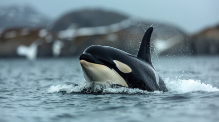 Fototapeta premium Orca whale surfacing in ocean with misty coastal background.