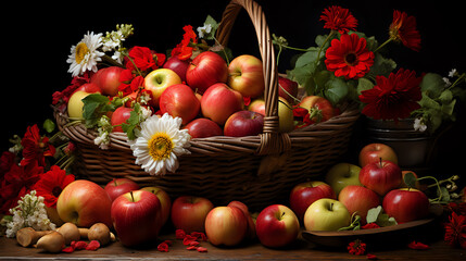 Bountiful Autumn Harvest in a Basket.
A wicker basket overflows with ripe apples and vibrant flowers, a rich still life perfect for seasonal and culinary themes.
