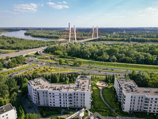 Drone view of Goclaw area, subdistrict of Praga-Poludnie, Warsaw city, Poland. Siekierkowski Bridge...