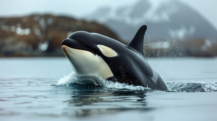 Orca whale swimming near the surface with a snowy mountain backdrop.