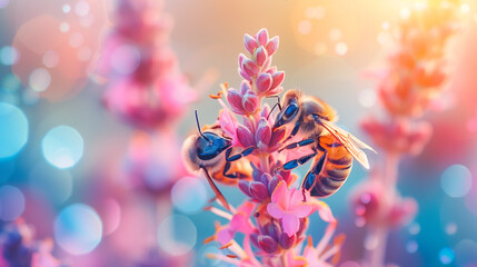close up of two bees on a flower - obrazy, fototapety, plakaty