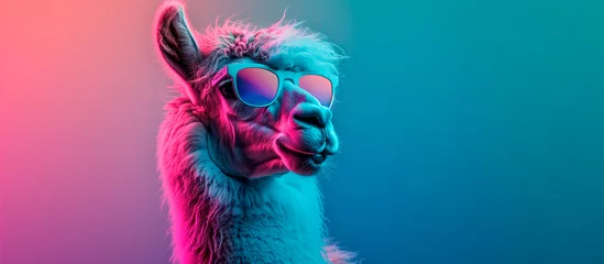  a llama wearing sunglasses in front of a colorful background © HUMANIMALS