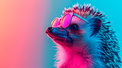 a hedgehog wearing sunglasses in front of a colorful background - obrazy, fototapety, plakaty