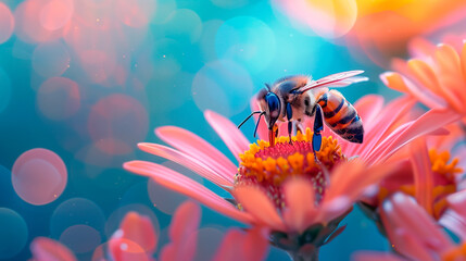 close up of a bee on a flower - obrazy, fototapety, plakaty