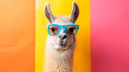 a llama wearing sunglasses in front of a colorful background