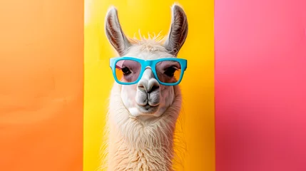 Fototapeten a llama wearing sunglasses in front of a colorful background © HUMANIMALS
