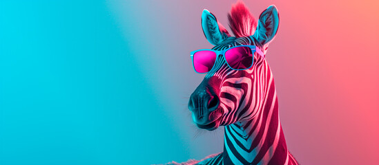 a zebra wearing sunglasses in front of a colorful background
