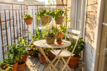 Sunny balcony with round table and plants