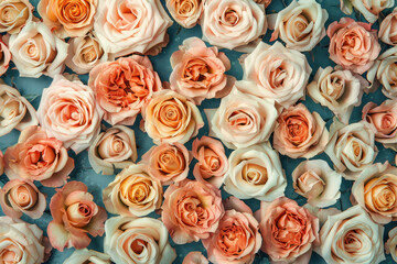 Beautiful Pink and Orange Roses Arranged on Blue and White Background for Floral Wallpaper and Background Design Concept
