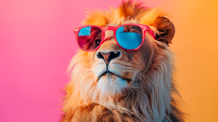 a lion wearing sunglasses in front of a colorful background
