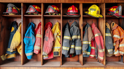 Firefighter Helmets and Coats Hanging in Firestation.