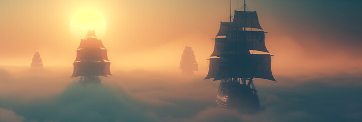 Wallpaper panoramic aerial views of sailing ships of the 17th century - obrazy, fototapety, plakaty