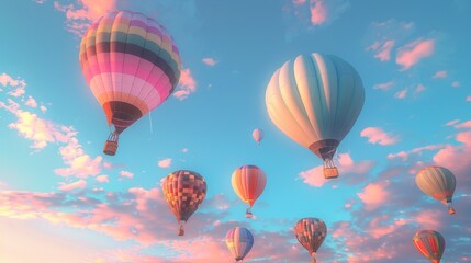 Fototapeta premium Embark on a journey of love and inspiration this Valentine’s with a hot air balloon ride, flying amidst red and blue skies, creating unforgettable memories.