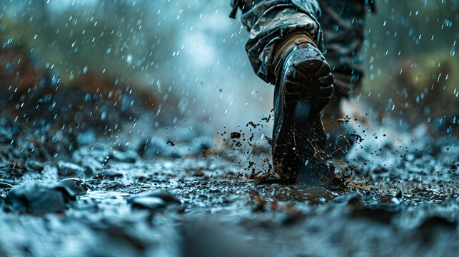 close up image of a military male person running on rainy muddy battlefield ground, Generative AI 
