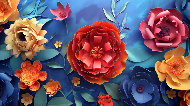 Vibrant paper flowers on a blue backdrop