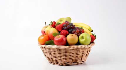 Organic fruits in wicker basket. Isolated on white background