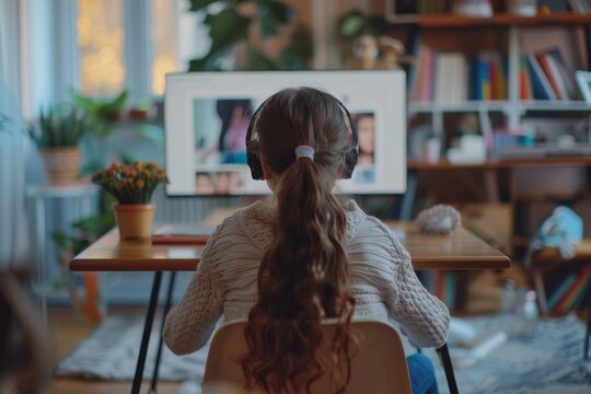 Homeschool concept. Back view of little young girl student learning virtual internet online class from school teacher by remote meeting.