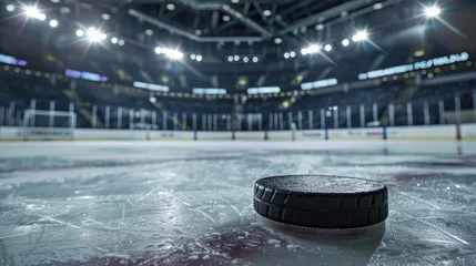 Foto op Aluminium Hockey arena with puck close up, sport ice rink stadium © DELstudio