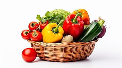 Organic vegetables in wicker basket. Isolated on white background