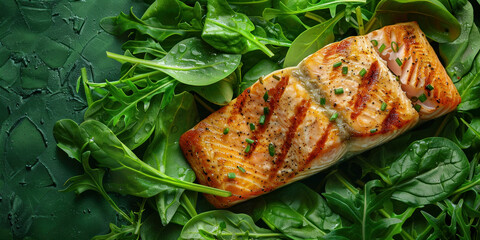 Grilled salmon fillet with fresh spinach and herbs on a vibrant green background for healthy eating concept