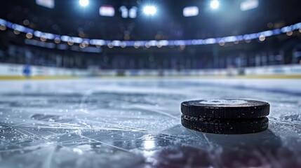 Hockey arena with puck close up, sport ice rink stadium