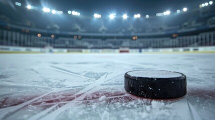 Hockey arena with puck close up, sport ice rink stadium